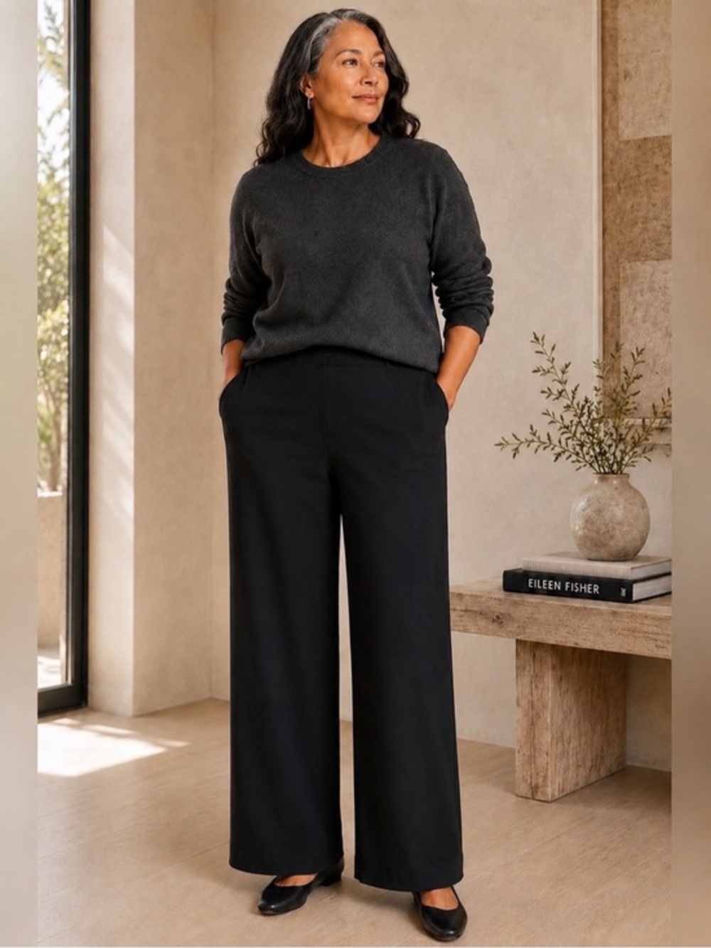 Eileen Fisher Black Italian Wool Relaxed Wide-Leg Pants Made USA EUC L #2613